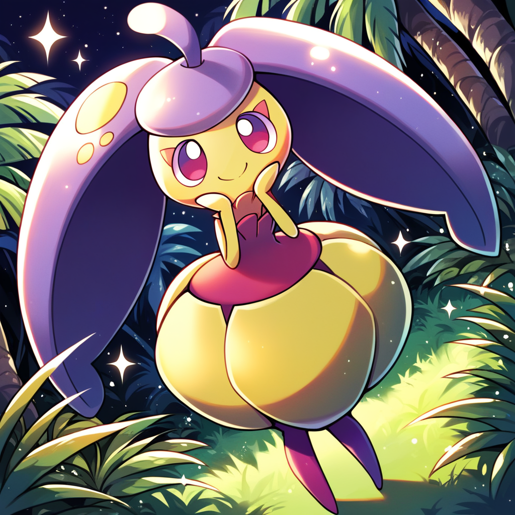 score_9_up, score_8_up, score_7_up, score_6_up, best quality, source_anime, detailed background, palmtrees, black background, jungle, grass, rocks, moss, sparkles:, BREAK 1girl, solo, steenee, pokemon, flora fauna, shiny pokemon, purple hair, long hair, yellow head, purple dress, purple eyes, purple legs, yellow skirt, yellow arms, wide hips, smile, hands on face, looking at viewer, dutch angle, <lora:PDXL_Steenee_PKMN:1>