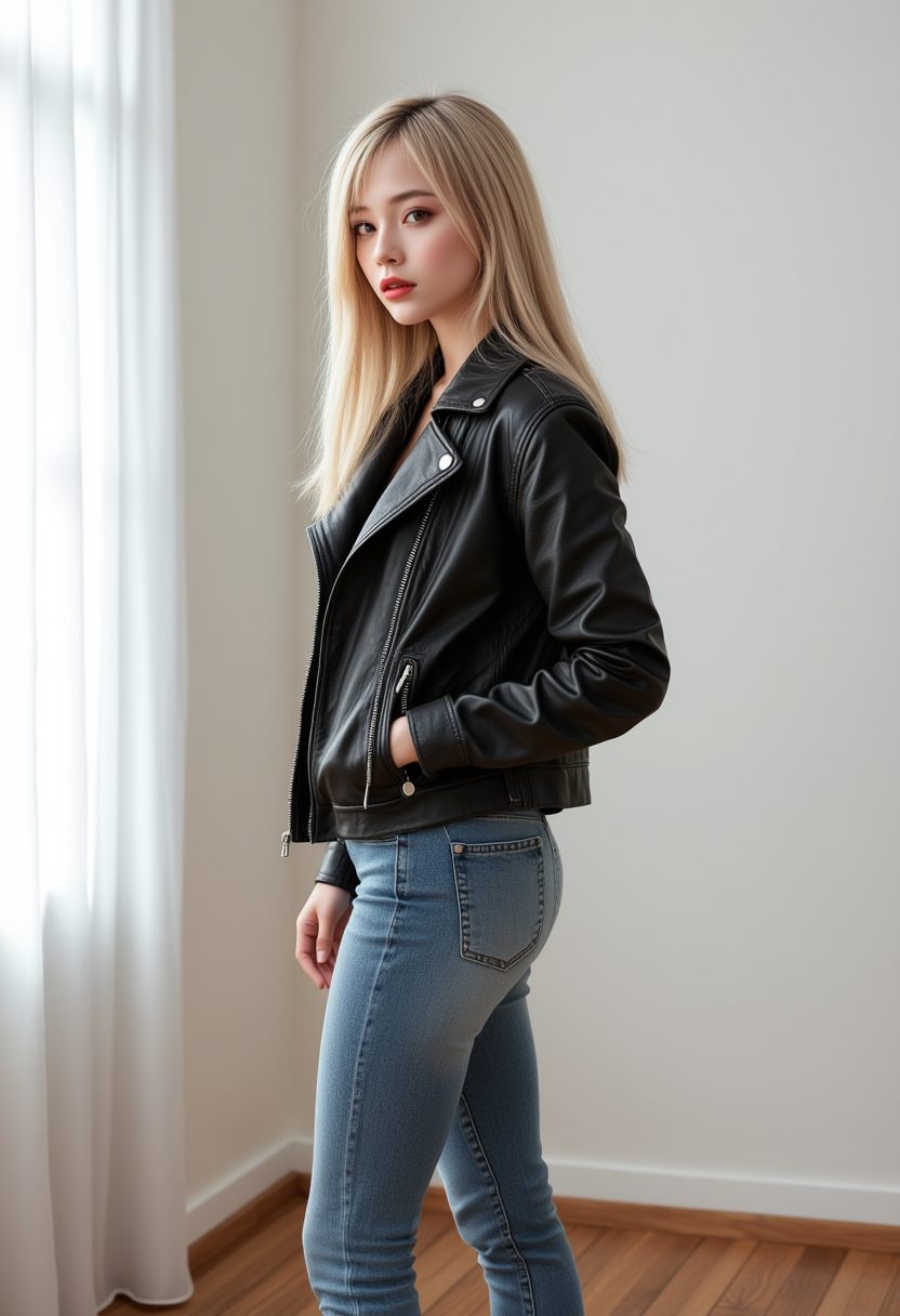 She is approximately 18 years old. Hyperrealism, she is looking at the camera, (dynamic angles), headshots of a beautiful, stunning unique female character. she has hair. her brown eyes are filled with joy and excitement, extravagant eyelashes,  A photo of Ae-cha, a woman, is shown. She has blonde hair and is wearing a black leather jacket, denim blue jeans, and white sneakers. wooden floor. standing. The photo is in black and white, giving it a classic and timeless feel. Ae-cha is posing for the camera, with a hint of a smile on her face. The composition of the photo is simple and elegant, focusing on the subject and her outfit..  She has a slight smile on her face and is looking directly at the camera. The background is a simple white wall.. making this image a masterpiece of photography and digital art. Style: realistic hyper-detailed rendering, 32k UHD, expressive eyes, punk, graphic design, girl's face, pretty and cute, gleaming lips, white skin, telling a tale of adventure. Exuding confidence and serenity. The background is a simple white wall. The overall mood of the image is happy and relaxed.RAW candid cinema,16mm,color graded portra 400 film,remarkable color,ultra realistic,textured skin,remarkable detailed pupils,realistic dull skin noise,visible skin detail,skin fuzz,dry skin,shot with cinematic camera,detailed skin texture,(blush:0.2),(goosebumps:0.3),subsurface scattering,beautiful photograph in the style of Augustus John,Sergio Toppi,Virginia Frances Sterrett,8k HD,detailed skin texture,ultra realistic,textured skin,analog raw photo,cinematic grain,whimsical,detailed hand,perfect hand.perfect style.