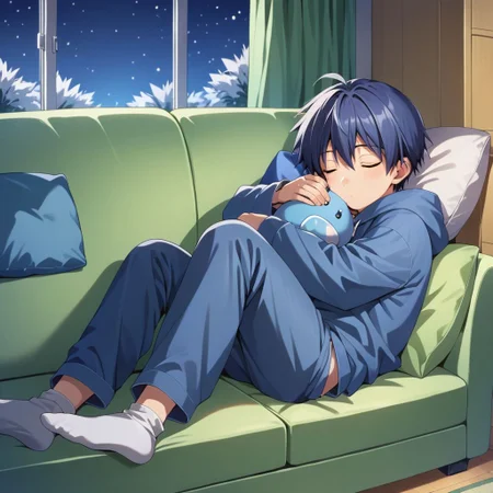 score_9, score_8_up, score_7_up, source_anime, highly detailed,
Tomoya Okazaki / Clannad, 1boy, solo, male focus,
indoor, living room, sofa, pillow, hoodie, long pants, white socks, sleeping, cute expression, cute, tv on, televion on, night, snow,