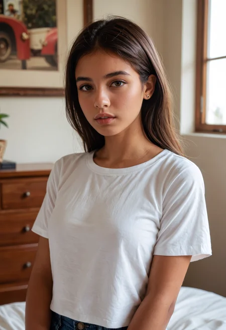 score_9, score_8_up, score_7_up, masterpiece, ultra-detailed, photorealistic, portrait, 1girl, young Latino woman, indoors, seductive stare, parted lips, calm expression, natural pose, wearing cotton shirt, cool color tones, studio backdrop