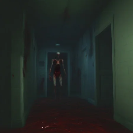 static noise, glitch, old footage, horror game, ps2 graphics, third person, 3d, retro 3d game, lowpoly, pixelated, zombies, indoors, blood, gore