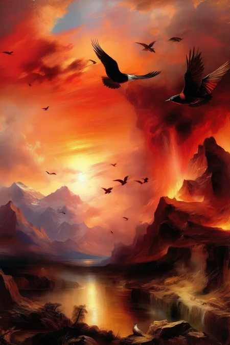 <lora:Thomas Moran Style:1>Thomas Moran Style - Dramatic sunset by Thomas Moran. fire. mountains. birds v- 5
