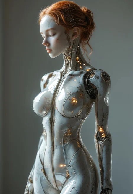 score_9, score_8_up, score_7_up, score_6_up, SCLPT, sculpture style, marble skin, 1girl,, ginger hairwhite skin, solo focus, curvy, large breasts, wide hips, narrow waist, breast lift, sexy pose, cowboy shot, pubic hair, translucent gown, s1_dram, white background.<lora:Reelmech_pony_ed_v1_3:0.6>science fiction, joints, body suit,