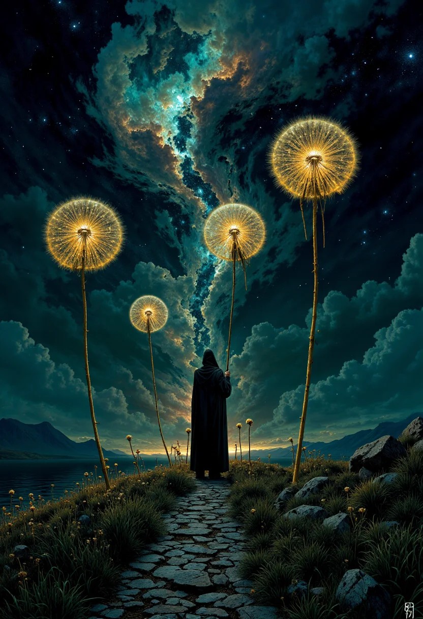 Highly detailed and dramatic digital artwork featuring a lone figure standing on a narrow, rocky path surrounded by a field of dandelions. The person, dressed in a long, dark coat, is silhouetted against a starry night sky, holding three oversized, glowing dandelions that extend into the sky. The dandelions emit a soft, ethereal light, contrasting with the deep blues and blacks of the cosmic background. The sky is filled with swirling nebulae and stars, creating a dreamlike atmosphere. The landscape is framed by distant mountains and a calm river, enhancing the mystical and otherworldly feel of the scene. <lora:FluxMythP0rtr4itStyle:0.6> <lora:flux.1_lora_flyway_Epic-Characters_v1:0.6> <lora:Elden_Ring_-_Yoshitaka_Amano:0.33>