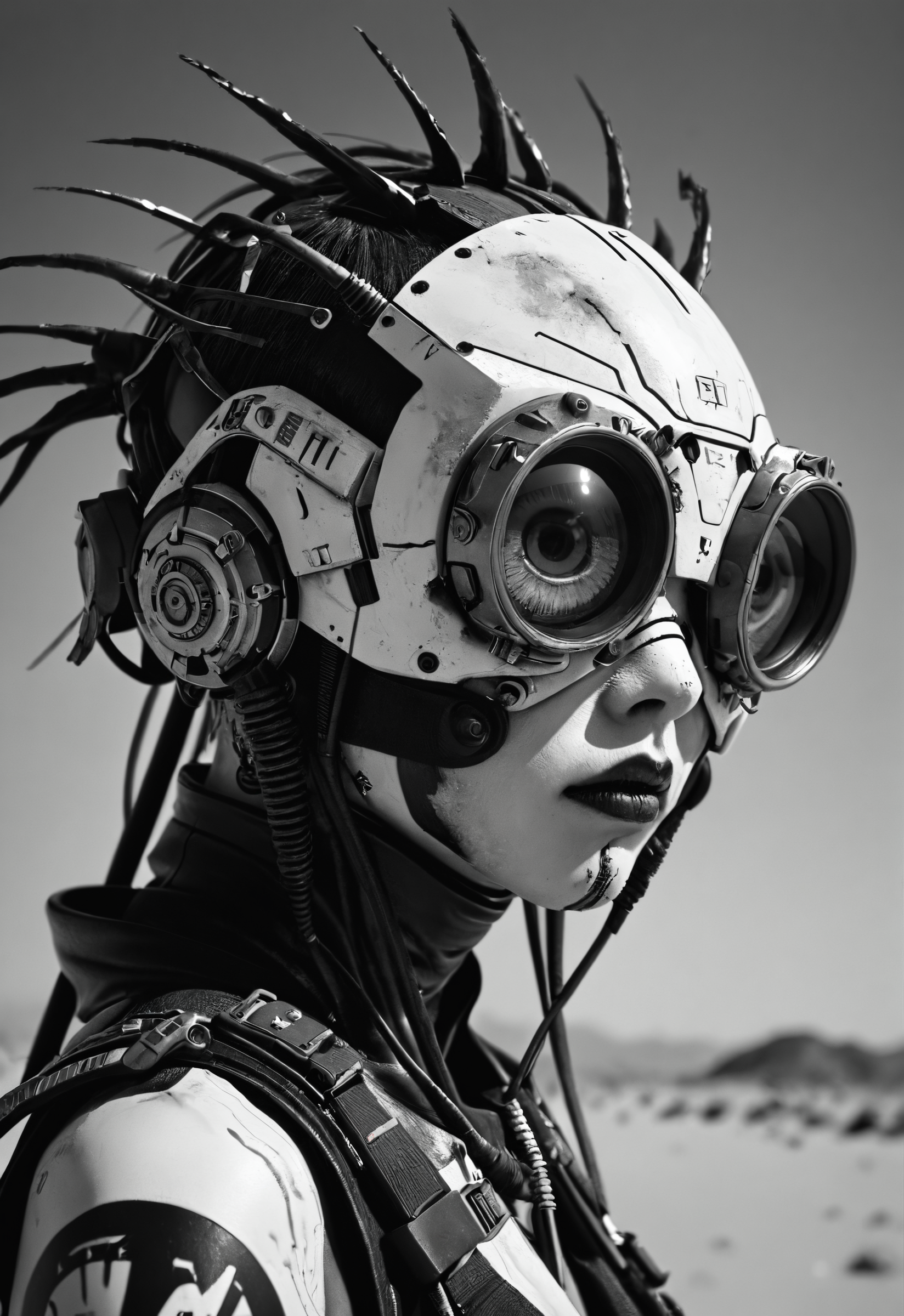 photo, japanese cyberpunk , desert punk,  extreme,  eyeball ,  dark, high exposure, angled, masterpiece, best quality, absurdres, b&w <lora:Low-key lighting Style:1> <lora:extremely_detailed:1> <lora:Cyberpunk _Anime_sdxl:0.5>
