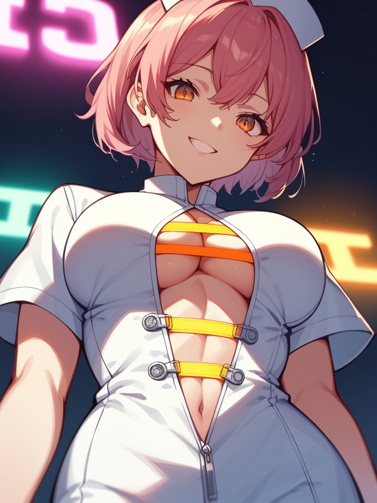 score_9,score_8,score_7,source_anime,rating_safe,1 girl,upper body,<lora:Lace_up_f_Pony:1>,center opening,cross-laced slit,skindentation,smile,short pink hair,nurse,orange neon lights,from below,yellow strap,