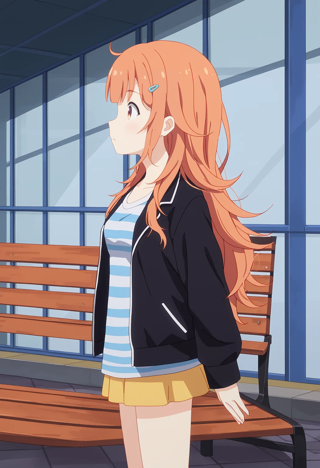 <lora:Shinon Ogawa-000038:1>,
Shinon Ogawa,1girl,solo,jacket,black jacket,bench,from side,shirt,long sleeves,striped clothes,standing