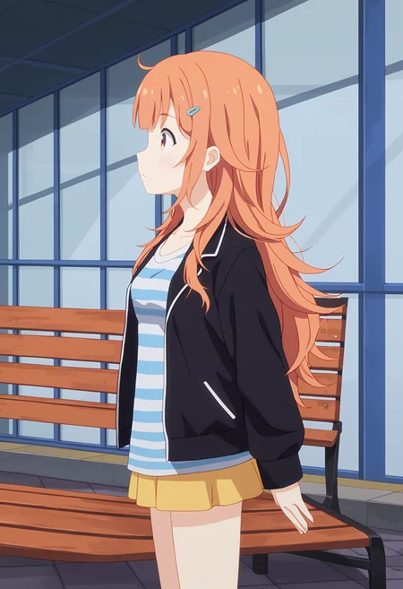 <lora:Shinon Ogawa-000038:1>,
Shinon Ogawa,1girl,solo,jacket,black jacket,bench,from side,shirt,long sleeves,striped clothes,standing