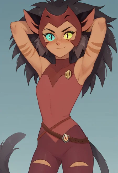 score_9, score_8_up, score_8, cute, eyelashes, cuvry,
Catra_Shera,
solo, 1girl, catra, smile, closed mouth, looking at viewer, arms behind head, heterochromia, colored sclera, sleeveless, covered legs, bare shoulders,
cowboy shot,