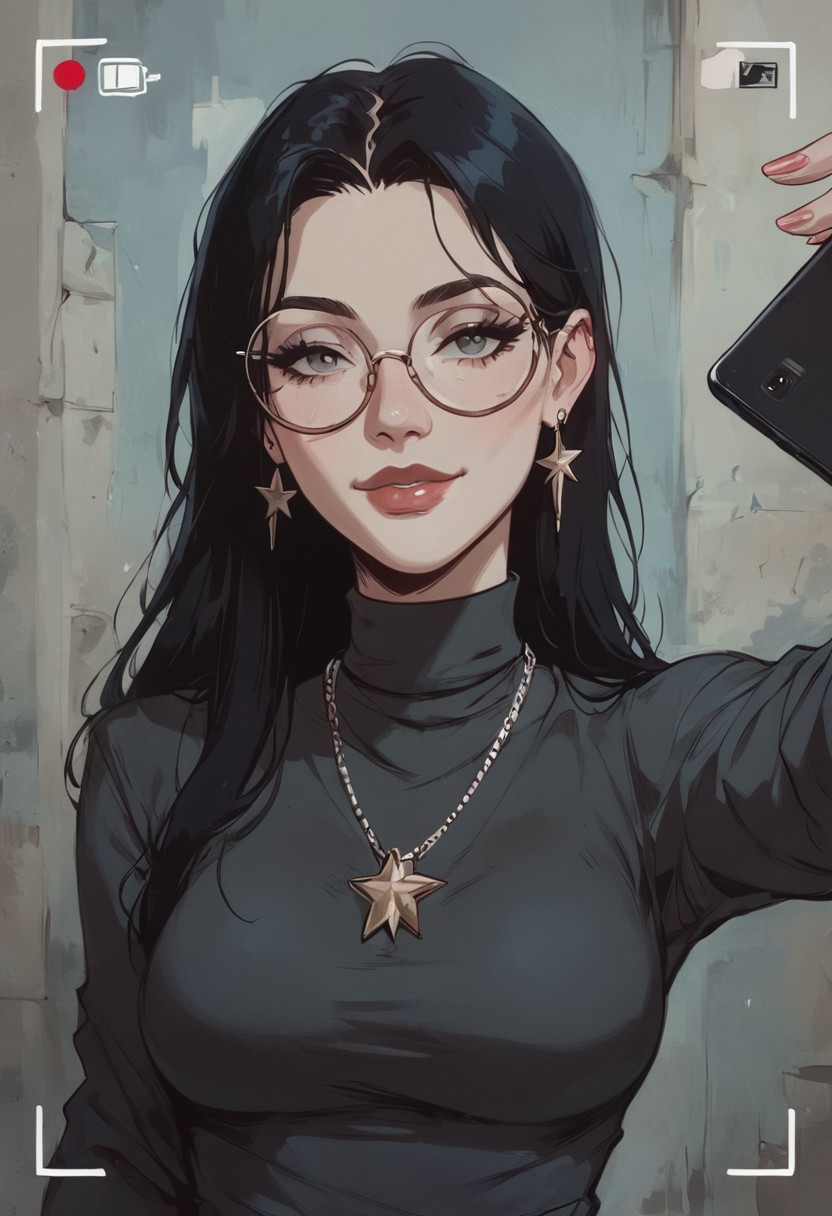(score_9, score_8_up:1.1), score_7_up, 1 black haired woman ( long straight black hair, prominent nose, small eyes, pale white skin, human, pale skin, medium perky breasts, round thick butt, slender body, round thin glasses, sly smile look, black turtleneck, jewish woman, jewish, star of david necklace), selfie, taking a selfie, on the street, selfie pose, face focus, dynamic pose, phone viewfinder, phone overlay, iphone overlay, (3-frame sketch)