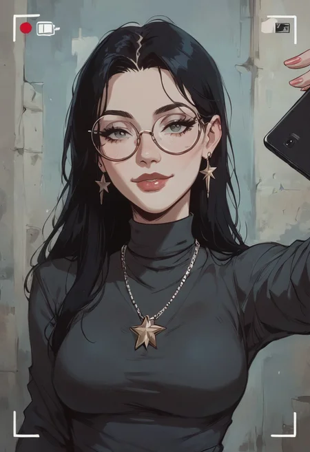 (score_9, score_8_up:1.1), score_7_up, 1 black haired woman ( long straight black hair, prominent nose, small eyes, pale white skin, human, pale skin, medium perky breasts, round thick butt, slender body, round thin glasses, sly smile look, black turtleneck, jewish woman, jewish, star of david necklace), selfie, taking a selfie, on the street, selfie pose, face focus, dynamic pose, phone viewfinder, phone overlay, iphone overlay, (3-frame sketch)