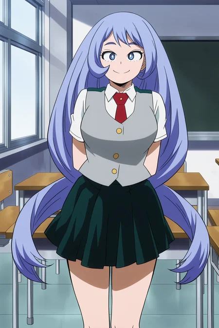 anime screencap, anime coloring, detailed face, masterpiece, best quality, very aesthetic, absurdres, volumetric lighting, official style, amazing quality, ultra detailed, highres, amazing quality, scenery, beautiful detailed hair, beautiful detailed eyes, defined fingers,
<lora:Nejire_Hado_My_Hero_Academia:1>
indoors, classroom, student desk,
Nejire school uniform outfit, Nejire Hado (character), 1girl, u.a. school uniform, hadou nejire, long hair, solo, blue eyes, school uniform, smile, necktie, blue hair, skirt, arms behind back, shirt, socks, red necktie, cute smile