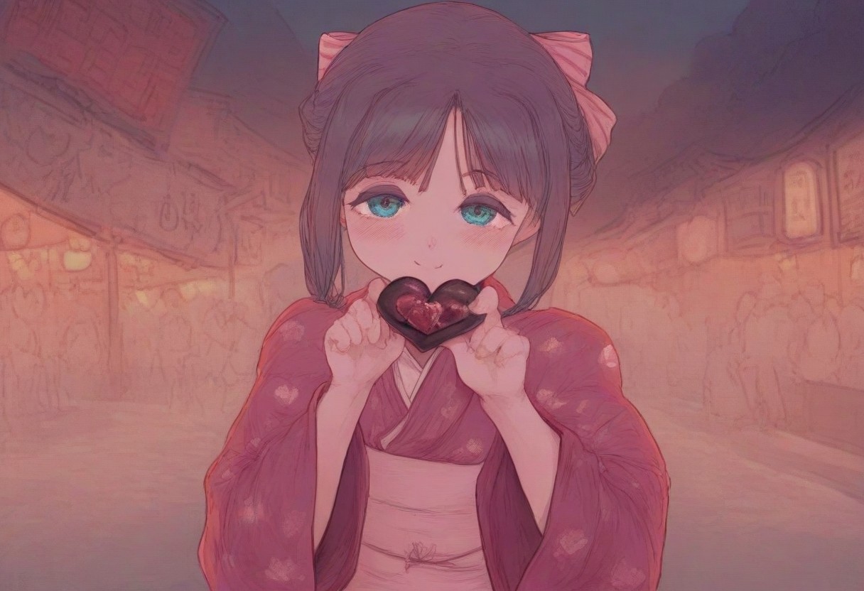 beautiful background, night, festival, red lanterns, hearts, girls, wearing colorful kimonos, looking at the viewer, smiling, holding a chocolate heart, blushing, bow on the neck, easynegative, detailed, beautiful.