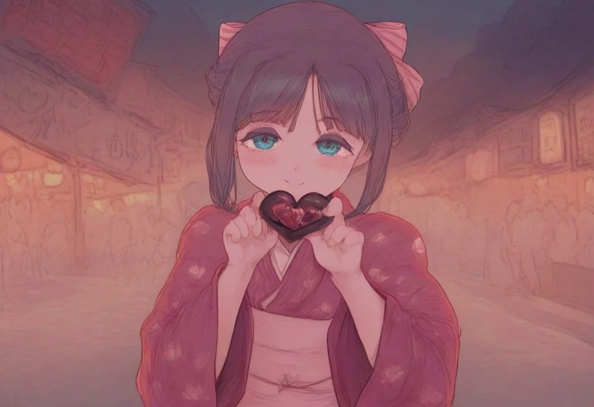 beautiful background, night, festival, red lanterns, hearts, girls, wearing colorful kimonos, looking at the viewer, smiling, holding a chocolate heart, blushing, bow on the neck, easynegative, detailed, beautiful.