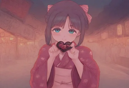 beautiful background, night, festival, red lanterns, hearts, girls, wearing colorful kimonos, looking at the viewer, smiling, holding a chocolate heart, blushing, bow on the neck, easynegative, detailed, beautiful.