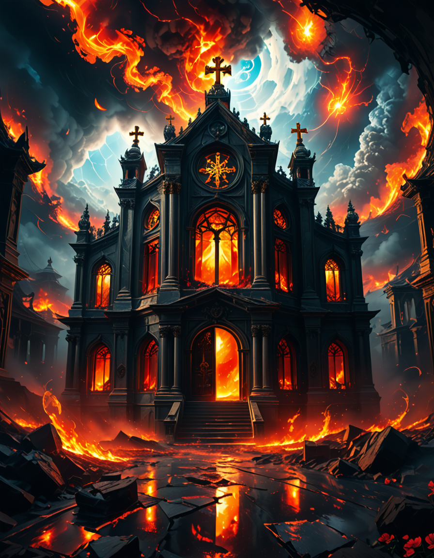 A once-majestic celestial temple, now under siege by the forces of Hell. The grand white stone structure is cracked and scorched, its golden crosses twisted and broken. The stained-glass windows, once glowing with warm divine light, are now shattered, with demonic symbols glowing ominously in their place. The sky, once a serene blue, is now consumed by dark storm clouds, swirling with red lightning and thick smoke.
Black, jagged chains extend from the sky, wrapping around the temple as if trying to pull it down into the abyss. The once-fluffy clouds beneath the structure are now a chaotic mix of fire, ash, and dark mist, with glimpses of molten lava cracks below. Infernal creatures with glowing red eyes lurk in the shadows, their silhouettes barely visible through the smoke and fire.
The temple doors are blown open, revealing an eerie red glow emanating from within, as if Hell itself is consuming the sacred space. Massive demonic runes are etched into the stone, pulsating with an unholy energy. The entire scene is bathed in a deep crimson and orange glow, giving it an apocalyptic and nightmarish atmosphere.
Style & Lighting:
- Dark fantasy, highly detailed
- Dramatic, high-contrast lighting with fiery glows
- Cinematic composition, epic scale
- Strong use of shadows, embers, and atmospheric foghighly detailed and atmospheric view from inside a massive birdcage, large enough for a human to stand inside. The cage is made of ornate, aged metal bars with intricate Victorian-style patterns, curving elegantly towards the domed ceiling. Sunlight filters through the gaps between the bars, casting long, dramatic shadows on the wooden floor. Delicate vines and small flowers have begun to grow around the bars, adding a touch of nature reclaiming the space. The background beyond the cage is blurred, hinting at a lush garden or a mysterious, abandoned mansion. The ambiance is serene yet slightly melancholic, with warm golden light illuminating dust particles floating in the air. Soft feathers are scattered on the floor, adding to the sense of quiet abandonment. The perspective makes the viewer feel as if they are inside the cage, looking outward, surrounded by both beauty and confinement. The style is highly detailed and realistic, with a cinematic and slightly surreal atmosphere.
<lora:SDXLFaeTastic2400:0.4> <lora:extremely_detailed:0.4> extremely detailed,evil celestial t3mpl3, <lora:evil_celestial_t3mpl3-p:1>, Masterpiece,best quality,hi res,8k,hi res,8k,award winning,(sharp focus, intricate, highly detailed),