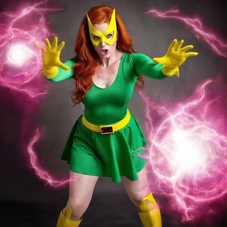 HDR photo of a full body redhead woman wears a green dress and a yellow mask and yellow highboots, powerfull superhero, casting a powerfull spell, dramatic pink ball energy from hands <lora:MarvelGirl1024:0.8> . High dynamic range, vivid, rich details, clear shadows and highlights, realistic, intense, enhanced contrast, highly detailed
