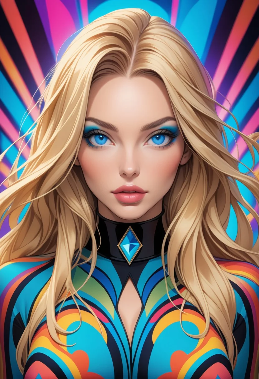 ((view from the waist up)) 1woman, solo, long hair, blonde hair, black choker, blue eyes, one eye covered by hair, eyeliner, gorgeous lips, tights, medium breasts. ((psychedelic))