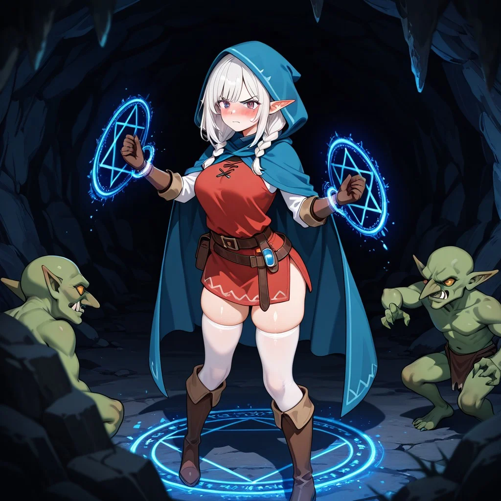 masterpiece, best quality, shiny skin, skindentation, 
BREAK,
1girl, beautiful face, elf ears, purple eyes, white hair, medium hair, bangs, side braid, long braid, medium breasts, blue cloak, blue hood, red tunic, knee boots, brown boots, white stockings, brown gauntlets, 
BREAK,
Restrained, angry, blush,
BREAK,
goblin shaman, magic circle, restraint magic,
BREAK,
Cave interior, dramatic lighting,