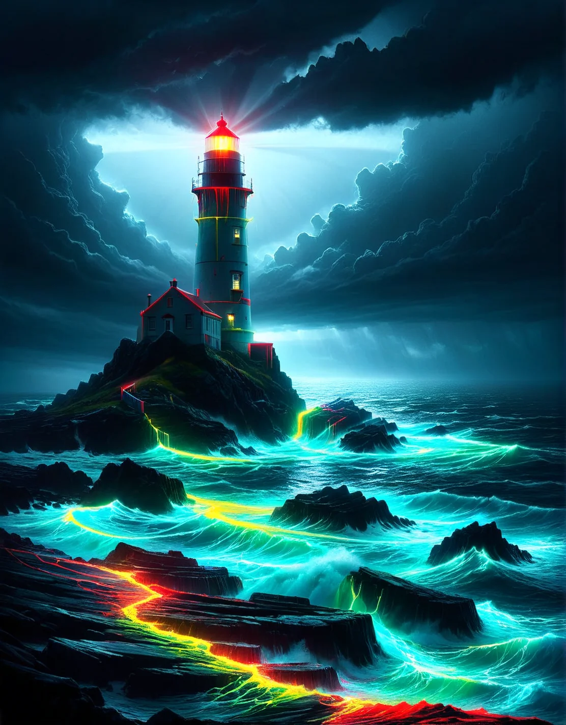 A lonely lighthouse on a stormy coast, its beam of light infused with a spiraling red and yellow ais-nnsplsh, warning ships of the rocky shore. <lora:ais-nnsplsh-sdxl:1>