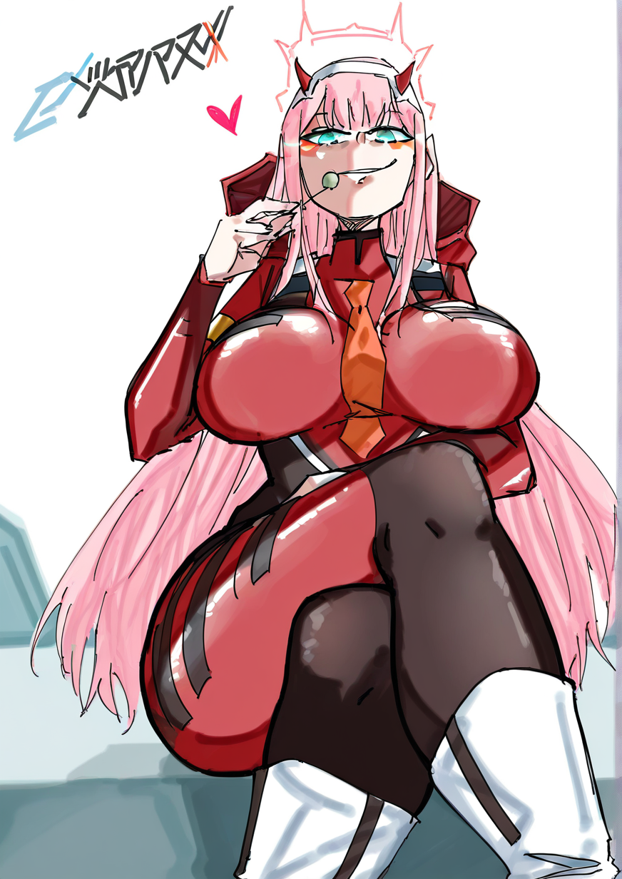 <lora:y_ganman3:1.3>,1girl, zero two (darling in the franxx), huge breasts, aqua eyes, black pantyhose, blurry, bodysuit, boots, breasts, candy, copyright name, crossed legs, depth of field, english text, eyeshadow, food, glowing, glowing eyes, heart, horns, lollipop, long hair, long sleeves, looking at viewer, makeup, nail polish, necktie, orange necktie, pantyhose, pilot suit, pink hair, red bodysuit, sitting, smile, solo, straight hair, white footwear, very awa, masterpiece, best quality,highres, absurdes,amazing quality