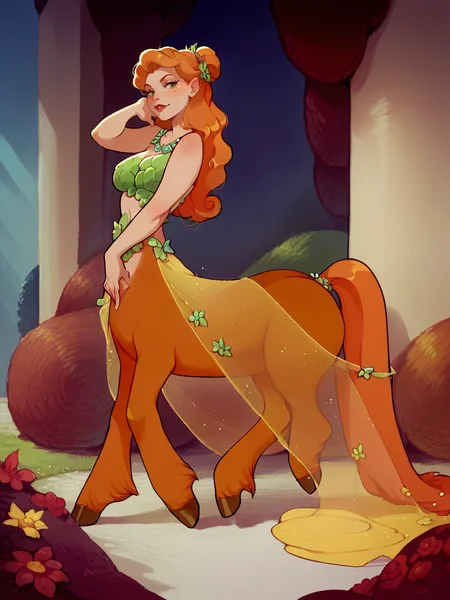 score_9, score_8_up, score_7_up, score_6_up, score_5_up, <lora:centaurFXLP:1> centaur, centaurf, monster girl, long hair, solo, full body, large breasts, ginger hair, dress