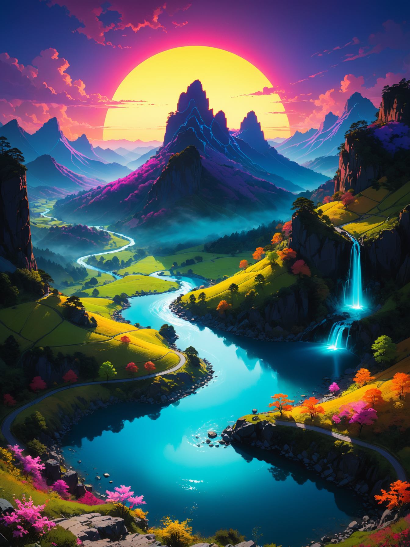 Breathtaking (art in the style of [Richard M. Powers:Satoshi Kon:0.45]), (Glo-fi, glowing, neon, ethereal, vibrant:1.69),  (a hidden valley that shifts through different dimensions, never in the same place twice), (under a double sunset with vibrant colors). Award-winning, professional, highly detailed. <lora:xl_more_art-full_v1:0.6>,  <lora:add-detail-xl:0.6>