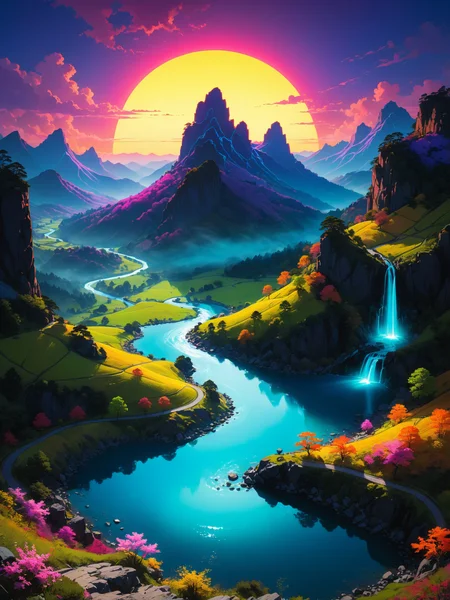 Breathtaking (art in the style of [Richard M. Powers:Satoshi Kon:0.45]), (Glo-fi, glowing, neon, ethereal, vibrant:1.69),  (a hidden valley that shifts through different dimensions, never in the same place twice), (under a double sunset with vibrant colors). Award-winning, professional, highly detailed. <lora:xl_more_art-full_v1:0.6>,  <lora:add-detail-xl:0.6>