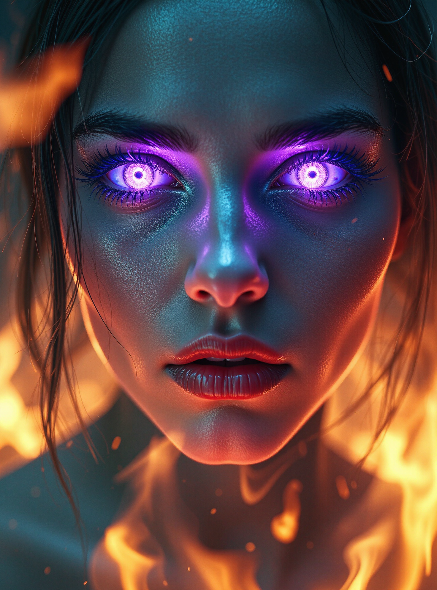 Ethereal female face in 4K ultra closeup, eyes radiating eerie mystical aura with crystalline composition tinted purple-blue hues. Surrounding inferno blazes with dynamic flames and motion effects, creating a vertiginous atmosphere. Extreme depth of field emphasizes surreal otherworldly presence. Glowing eyes at the focal point contribute to haunting mystique, shot from an altered viewing angle emphasizing mysticism. realistic fire and light effects, achieving ultra-realistic intense dreamlike quality.
