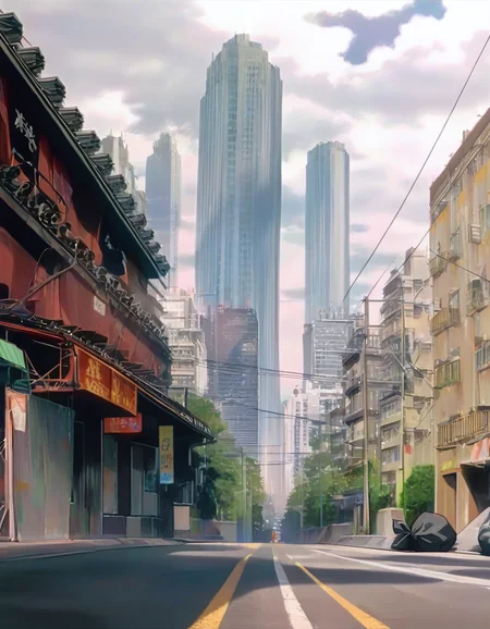 masterpiece, best quality, newest, absurdres, highres, very awa, <lora:Cityscape-style-noobai-10-vpred>, city, building, scenery, tokyo \(city\), solo, cityscape, outdoors, real world location, sky, cloud, skyscraper, street, trash bag, road, black hair, power lines, cloudy sky, anime screencap