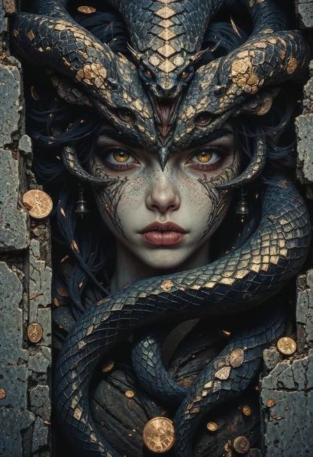 A striking gorgon, her face captivating despite the danger it holds. Her serpentine hair coils and shifts subtly, each scale catching the dim light and adding texture to her deadly elegance. Her golden eyes glimmer like polished coins, framed by a defiant gaze that seems to dare the viewer to meet them. Faint, intricate patterns resembling scales trace along her cheekbones, blending seamlessly into her smooth, pale skin. The stone ruins of an ancient temple blur softly in the background, suggesting her domain without distracting from her hypnotic visage. <lora:FluxMythG0thicL1nes:0.6> <lora:FluxMythR3alisticF:0.5> <lora:RetroAnimeFluxV1:0.6> <lora:OB半写实肖像画V2.0:0.6>