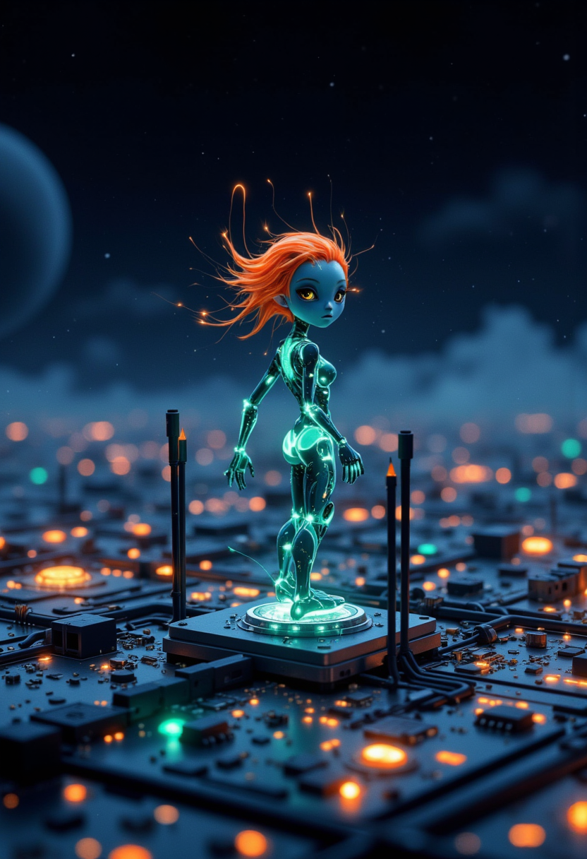 Disney anime, Disney Morph, Disney Style, (2D Animation), 

 A bird's-eye view of another planet, an alien spaceport below , wires, microchips, luminous copper circuit boards, many small alien living cyborg creatures with shiny wet eyes, they transmit impulses between themselves and devices. there is fog in the foreground, alien technological devices are flying, a view to the horizon, a gradient black sky, stars, white contrails of rockets, Pulsating lights. Depth and layering of the image, Depth of field, beautiful bokeh.
 that appears to glow brightly in shades of flashy orange at the top and hair, day-glo salad-green in the middle and glowing indigo bottom of the hem, creating a vibrant gradient of luminous colors against the very dark gradient background. Very dim lighting, dark environment.

 Sharp shadows. phantasmagoria. An otherworldly atmosphere., . unimaginable quality, 8K, UHD, ,
nigiex.   

 
Depth of field, masterpiece., . full body. An otherworldly atmosphere, Mysticism.



mythp0rt, InCase Style. hla
 
masterpiece, best quality, medium-format camera,  high-contrast, dramatic lighting, striking composition,  CPA. 
