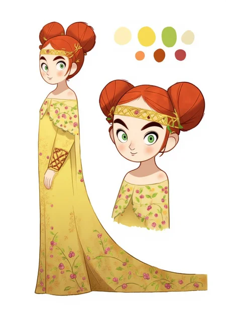 SecretKells, anime oil painting, full body portrait of a beautiful young woman with red hai,reference sheet,white background,simple background,multiple views, upper body, front, from side, color palette reference, wearing Padme Amidala Yellow Naboo Picnic Dress with Celtic design. Animated, stylized, detailed portrait, mystical atmosphere. delicate off-the-shoulder dress in a pale yellow fabric adorned with intricate floral embroidery in shades of pink and green. The dress has a fitted bodice and a flowing skirt, her hair in two side buns, Her head is adorned with a golden headpiece resembling a crown intricately woven with gold and adorned with small pink flowers, high_detailed, captured in high detail, CharacterDesignFLUX