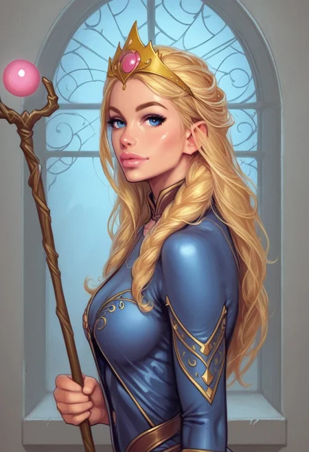 1girl, (((side view))), from front, solo, illustration, comic style, highly detailed, skinny, model body, looking at viewer, masterpiece, best quality, 1girl, masterpiece, best quality, fayenchantress, 1girl, solo, blonde hair, long hair, blue eyes, (young beauty, fit body:1.3), ((((magic shining orb in staff right hand, opened magic book in left hand)))), ((((full magic clothes, tiara)))), dynamic pose
<lora:FayEnchantress:0.9>
BREAK
(((dark magic Observatory inside, night sky in window:1.6)))) score_9, score_8_up, score_7_up, score_6_up, source_cartoon, rating_explicit, Expressiveh, ((((upper body))))), dynamic pose