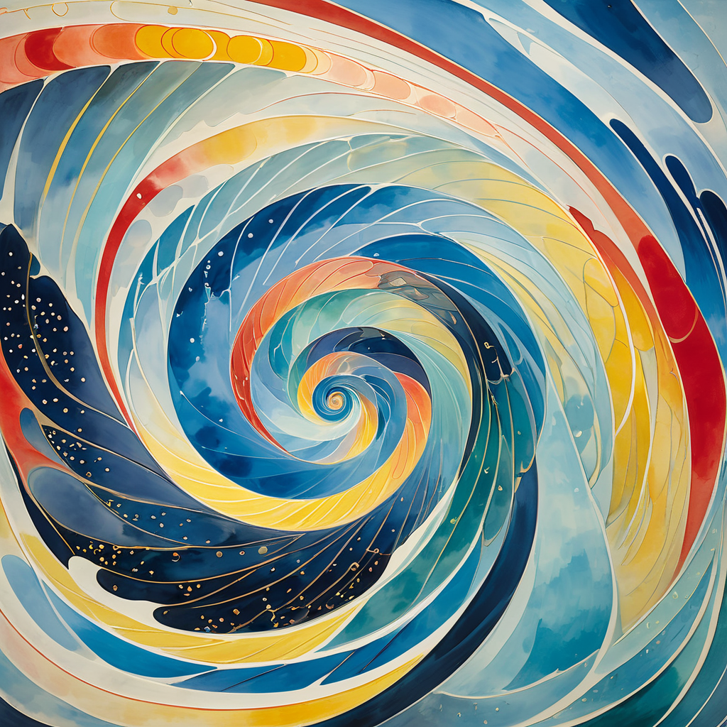 Rippling waves of light bending in impossible directions, Breaking apart into fragmented, painted strokes, Interlocking spirals of fire and ice, Hilma af Klint, Paul Klee, Yayoi Kusama, Smoky, Soft, Bold, Balanced, Delicate, Monumental, Organic, Translucent, Prismatic, Pulsating masterpiece, best quality, absurd resolution, artabs,  <lora:artfullyABSTRACTA:1>,