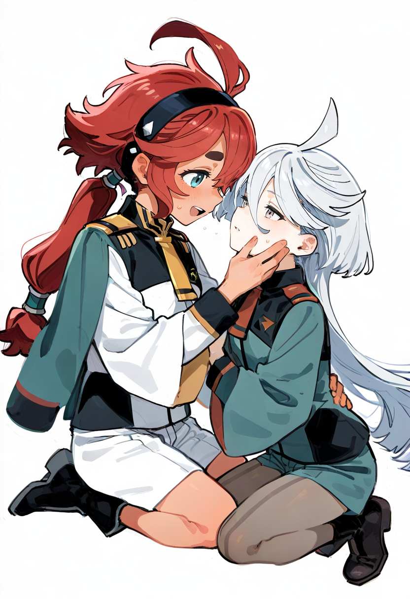 2girls,multiple girls,miorine rembran,suletta mercury,gundam,gundam suisei no majo,ahoge,asticassia school uniform,blush,closed eyes,embarrassed,hairband,hand on another's face,hug,long hair,open mouth,pantyhose,pink eyes,ponytail,red hair,school uniform,shorts,simple background,thick eyebrows,white background,white hair,yuri,jacket on shoulders,hair between eyes,low ponytail,sweatdrop,wide-eyed,blue shorts,grey pantyhose,seiza,shoulder boards,green short,jacket,eye contact,black footwear,boots,necktie,white shorts,looking at another,aqua eyes,black hairband,sitting,long sleeves,hand on another's cheek,full body,parted lips,green jacket,yellow necktie,smile <lora:n_XL_NBVP1_lokr_V6311PZ:0.95>