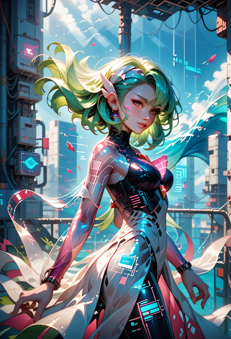 score_9, score_8_up, score_7_up, masterpiece, cyberwaifu, cyberwaify, solo, standing, cowboy shot,  wind,  hair flowing in the wind,  from side,  looking at viewer,  hand in own hair, gardevoir, pokemon \(creature\), two-tone_skin