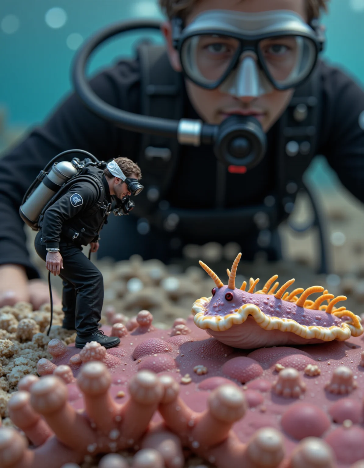 extreme closeup, raw photo, 4k, a miniature man dressed as a scuba diver staring at a vibrant nudibranch sea slug on a colorful coral