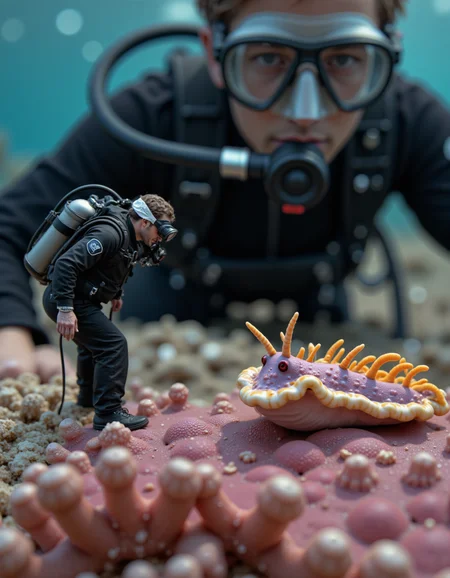 extreme closeup, raw photo, 4k, a miniature man dressed as a scuba diver staring at a vibrant nudibranch sea slug on a colorful coral
