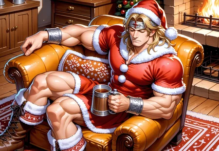 score_9, score_8_up, score_7_up, watercolor \(medium\), traditional media, FMIXF, vibrant details, sharp focus, perfect anatomy,
simonbel, simon belmont, blonde hair, muscular, santa hat, jeweled headband, santa costume, rosary, metal wristbands, red fur lined boots, from above, eyes closed, holding tankard, sat down, sitting, armchair, feet up, asleep,
leather armchair, fireplace, yule log, log cabin background, very dim lighting, indoors