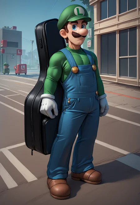 score_9, score_8_up, score_7_up, source_anime, 1boy, full body, instrument on back, instrument case, guitar case, <lora:InstrumentOnBack_XLPD:1>, <lora:Luigi_XLPD:1> Incrsluigi, luigi, green headwear, blue overalls, white gloves, long sleeves, muscular, seductive smile, street,