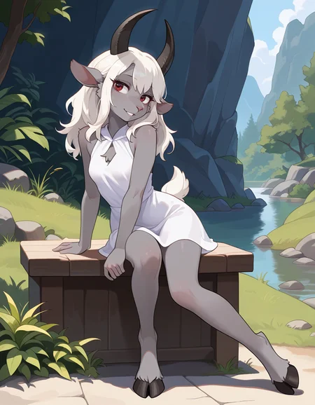masterpiece, best quality, very aesthetic, absurdres,
outdoors,
full body, posing, barefoot, 
seductive smile, parted lips, long eyelashes,
 <lora:ElizaBeth_v01_NAIXL:1> ElizaBeth,1girl,solo,furry,furry female,goat girl,goat ears,horns,white hair,long hair,red eyes,animal nose,grey skin,tail,hooves,