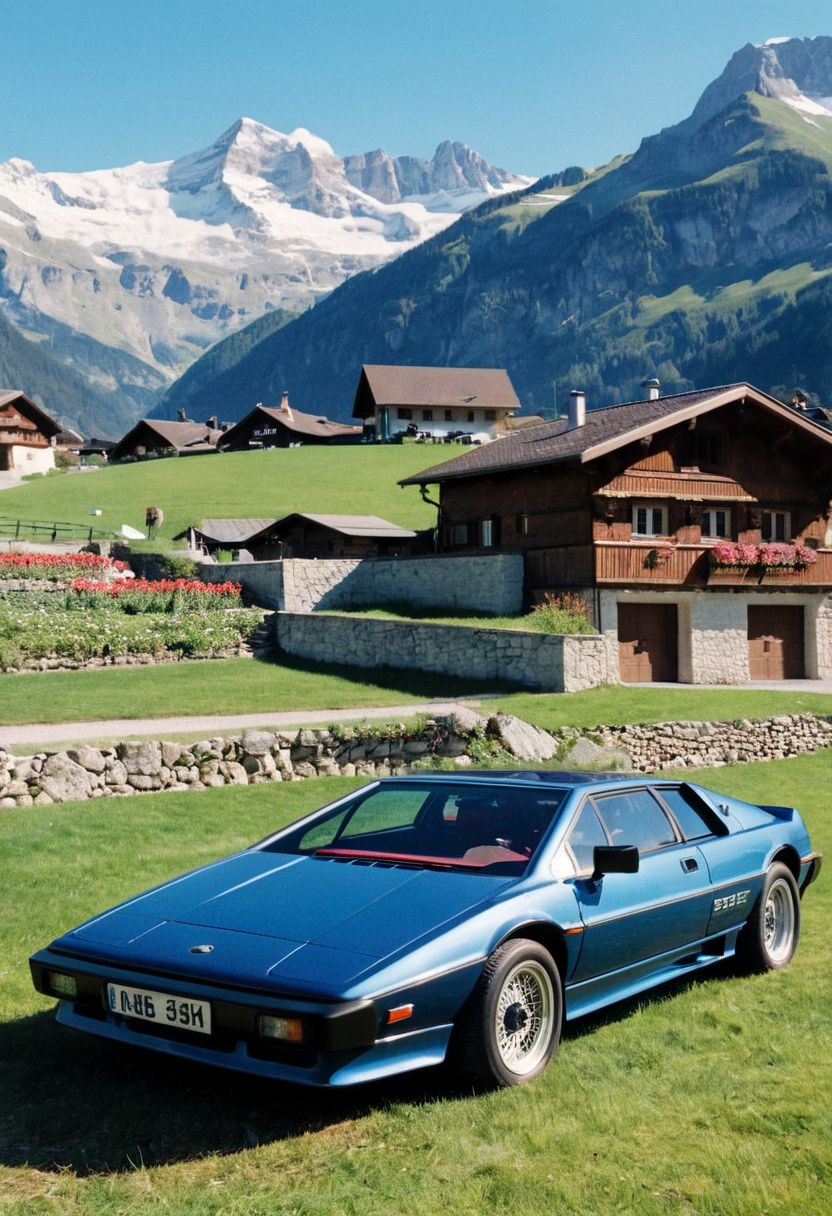 ClassicSportsCar, gleaming blue Lotus Esprit, side front view, lawn, Swiss Alps mountain village in background, sunny spring afternoon, 4K, highly detailed, stylish grainy analog 35mm film photo