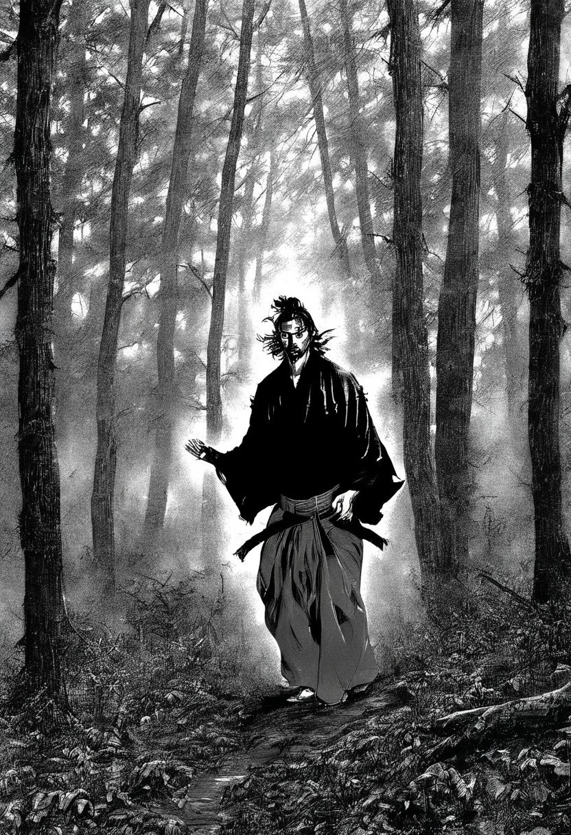 Vagabond, wide shot of Miyamoto Musashi walking through a misty forest, hands shoulder-high, fingers splayed, back of hands visible, dappled sunlight.