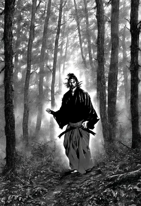 Vagabond, wide shot of Miyamoto Musashi walking through a misty forest, hands shoulder-high, fingers splayed, back of hands visible, dappled sunlight.