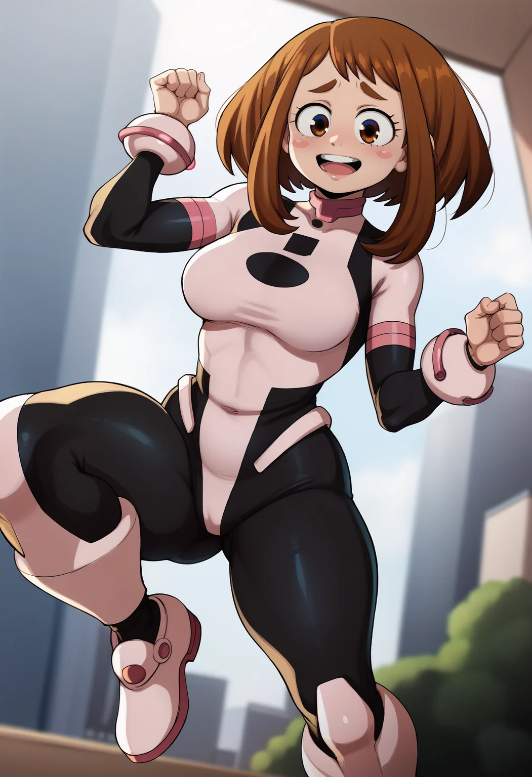 <lora:blackwhiplash-guy-PONY-DORAv1:1>, blaash, score_9, score_7_up, 1girl, solo, brown hair, bodysuit, superhero, presenting, depth of field, uraraka ochako