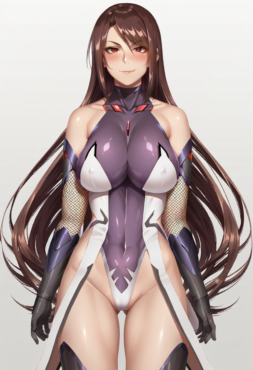 score_9, score_8_up, score_7_up, score_6_up, source_anime,
1girl, solo, (konno tohiro:0.5),
standing,
looking at viewer, smile, blush,
Fuuma_Saika_SK, 
red eyes, brown hair, long hair, 
impossible clothes, purple leotard, impossible leotard, taimanin suit, highleg leotard, fishnets, skin tight, thighhighs, gloves, bare shoulders, 
simple background, white background,
  <lora:Fuuma_Saika_SK:1>
