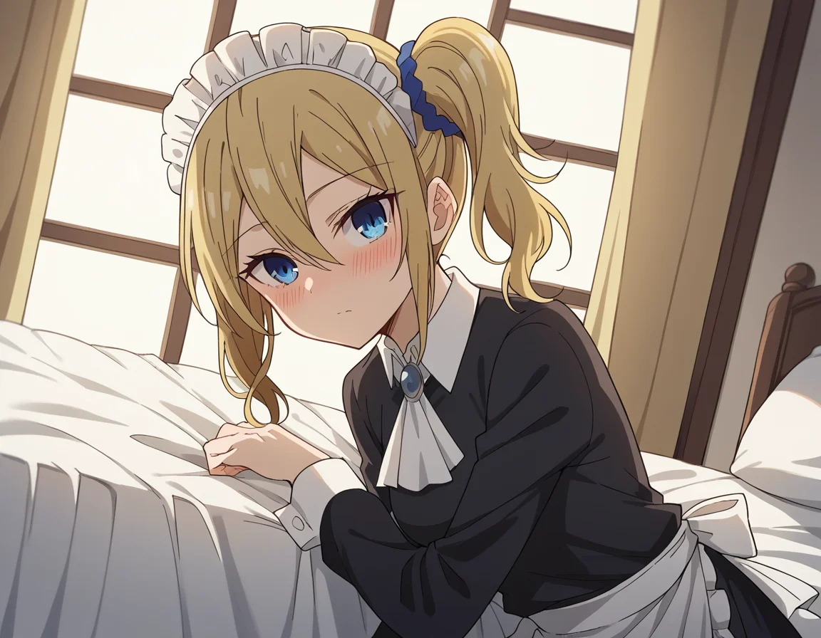 score_9, score_8_up, score_7_up, source_anime,
aihayasaka, <lora:ai-hayasaka-s3-ponyxl-lora-nochekaiser:1>,
ai hayasaka, bangs, blue eyes, blonde hair, hair ornament, hair between eyes, sidelocks, side ponytail, scrunchie, hair scrunchie, blue scrunchie,
shirt, long sleeves, dress, white shirt, collared shirt, apron, maid, maid headdress, ascot, waist apron,
indoors, bed, bed room, on side, blush, drunk,
looking at viewer, cowboy shot, dutch angle, solo,