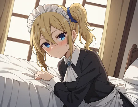 score_9, score_8_up, score_7_up, source_anime,
aihayasaka, <lora:ai-hayasaka-s3-ponyxl-lora-nochekaiser:1>,
ai hayasaka, bangs, blue eyes, blonde hair, hair ornament, hair between eyes, sidelocks, side ponytail, scrunchie, hair scrunchie, blue scrunchie,
shirt, long sleeves, dress, white shirt, collared shirt, apron, maid, maid headdress, ascot, waist apron,
indoors, bed, bed room, on side, blush, drunk,
looking at viewer, cowboy shot, dutch angle, solo,