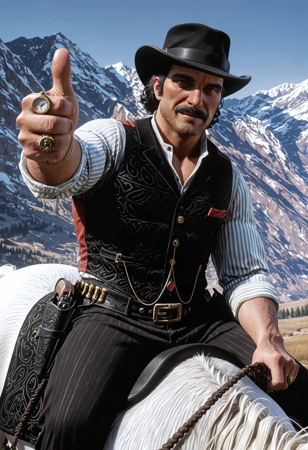 1boy, rdr2dutch, mature male, black slicked back wavy hair, brown eyes, thick mustache, stubble,
black cowboy hat, white striped shirt, black patterned vest with red back, red pocket square, gold pocket watch chain, rings on fingers, gun holster belt, revolvers, bullets, dark pinstripe trousers, black boots, thumbs up , looking at viewer, close up, smile,
riding white horse,
outdoor, mountain, male focus, face focus,
masterpiece, best quality, absurdres, newest, perfect quality, detailed background, intricate details